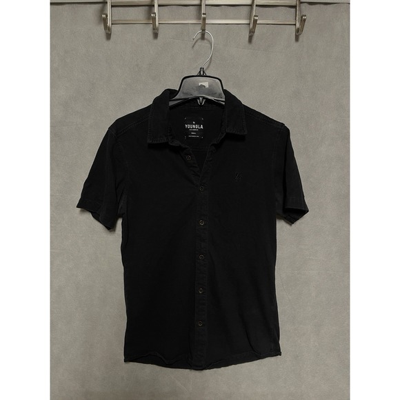 Youngla Shirt Men S Black Knit Performance Button Up Short Sleeve Casual Active - Picture 2 of 7